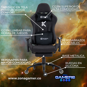 Silla Gamer CO-1102F Black, tapizada en tela con reposapiés y ruedas en silicona